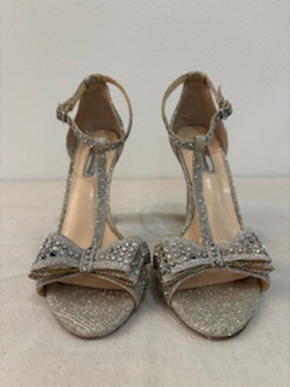 INC International Silver Rhinestone Open Toe High Heel with Bows - Size 8.5 - Picture 2 of 5